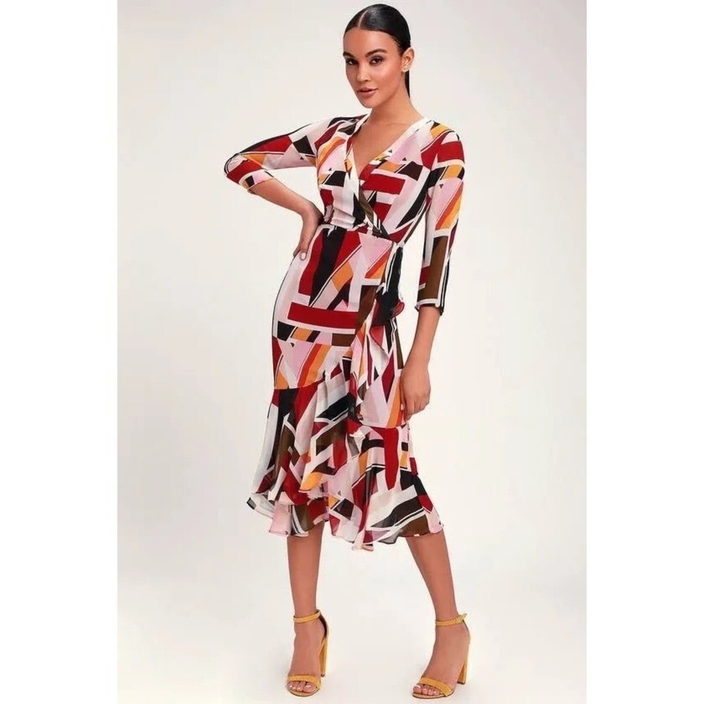 LuLus NWT Shape It Up Burgundy Multi Print Midi Dress Size Small Mod Retro Print